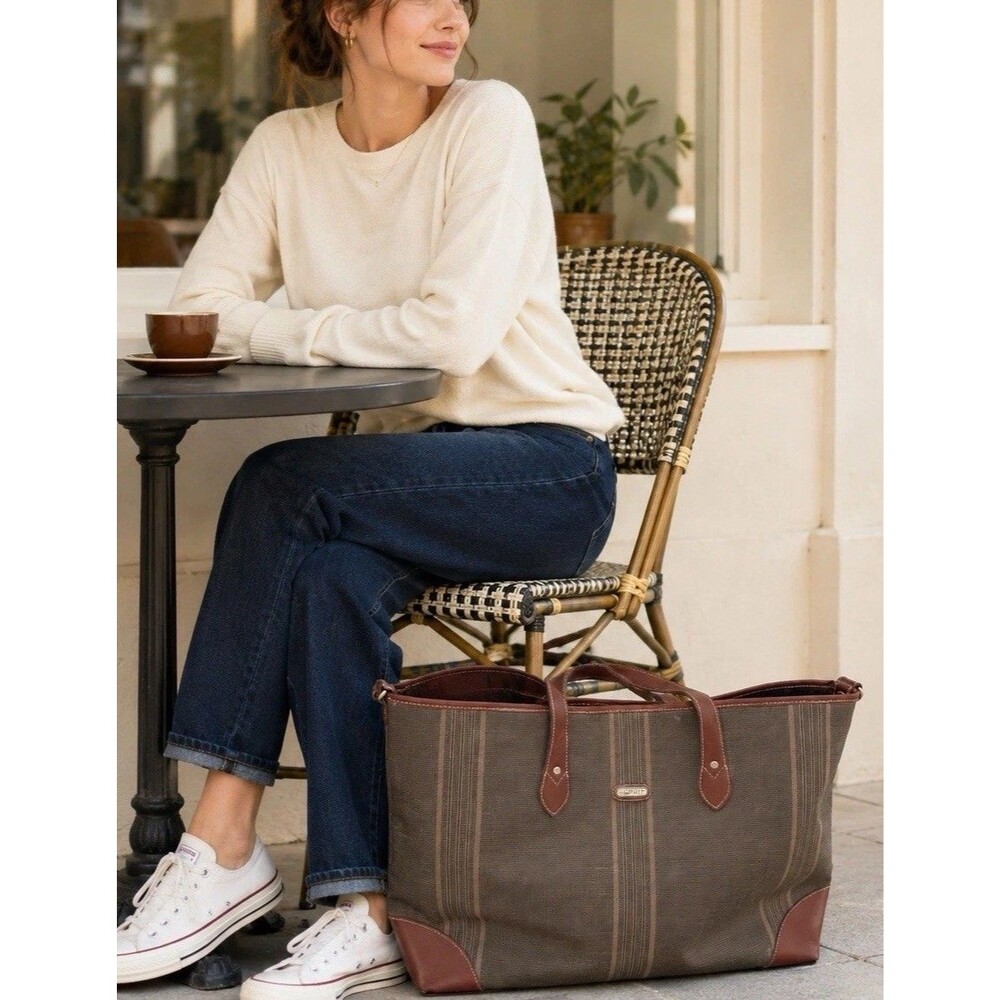 Vintage ESPRIT 80s/90s Brown Coated Canvas & Leather Trim Logo 2 Handled Tote